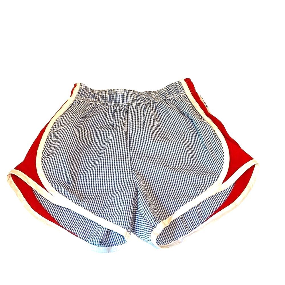 Color Works Boutique Navy Gingham Seersucker shorts w red side panels NWT